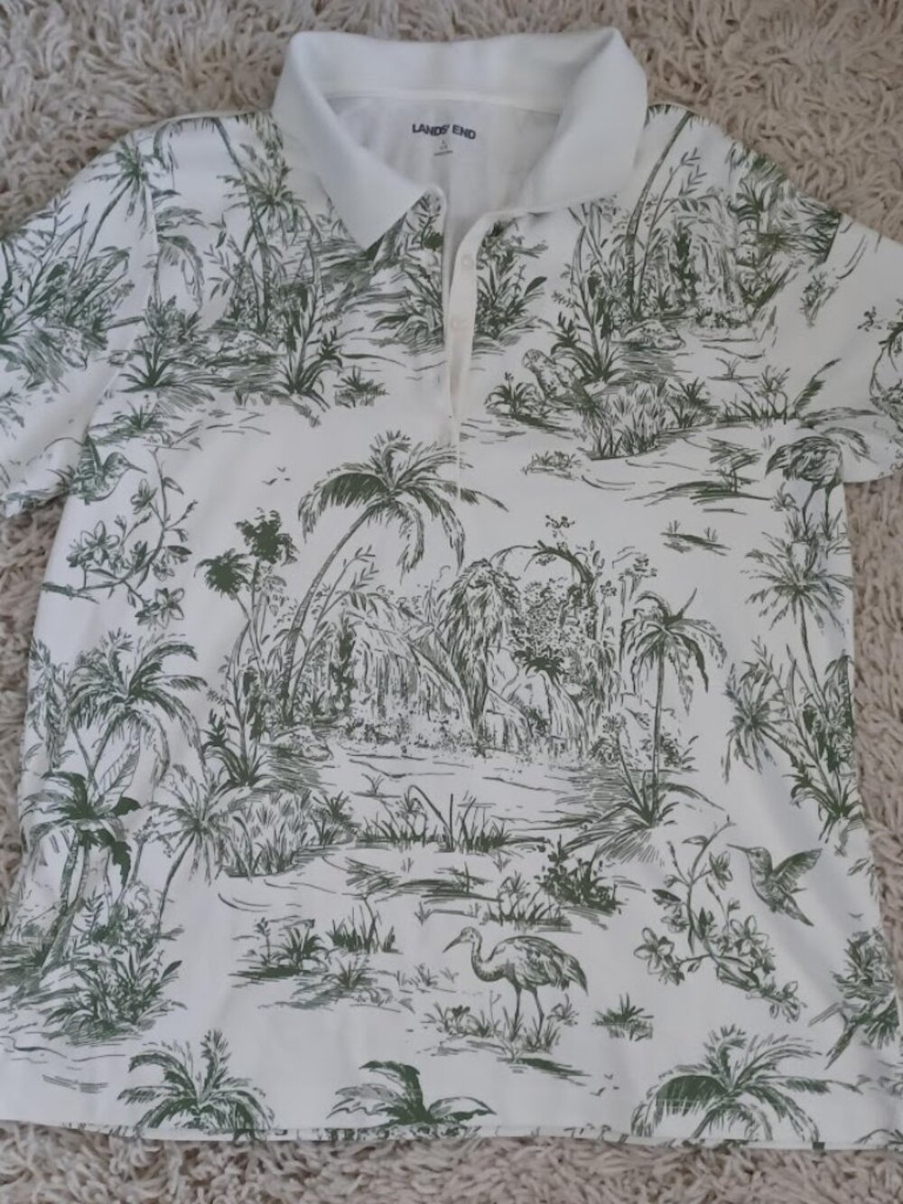 Lands End Polo Shirt Womens 14-16 White Green Tropical Print Cotton Short Sleeve